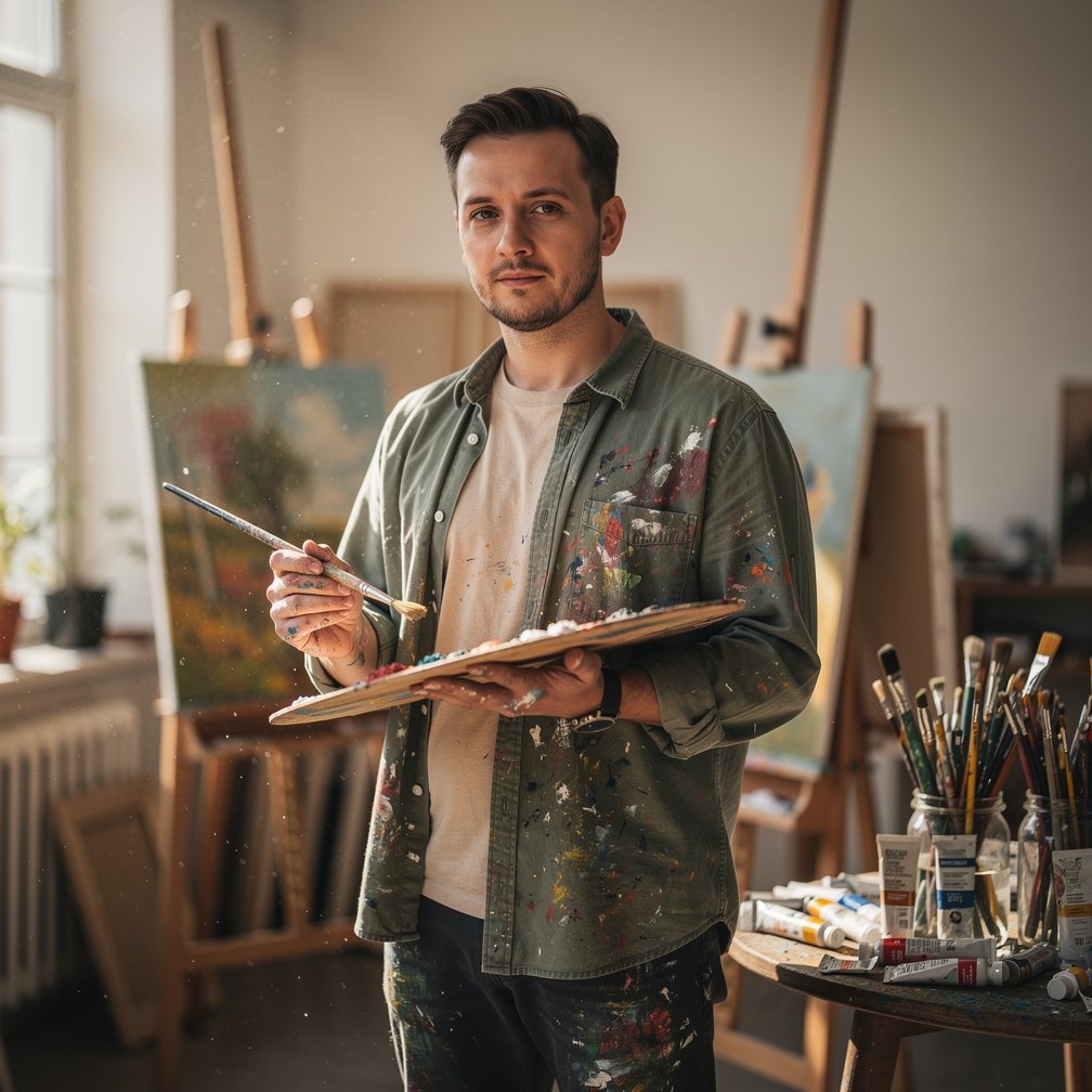 Professional portrait of an artist in a bright studio, holding a paintbrush, soft natural lighting, artistic atmosphere