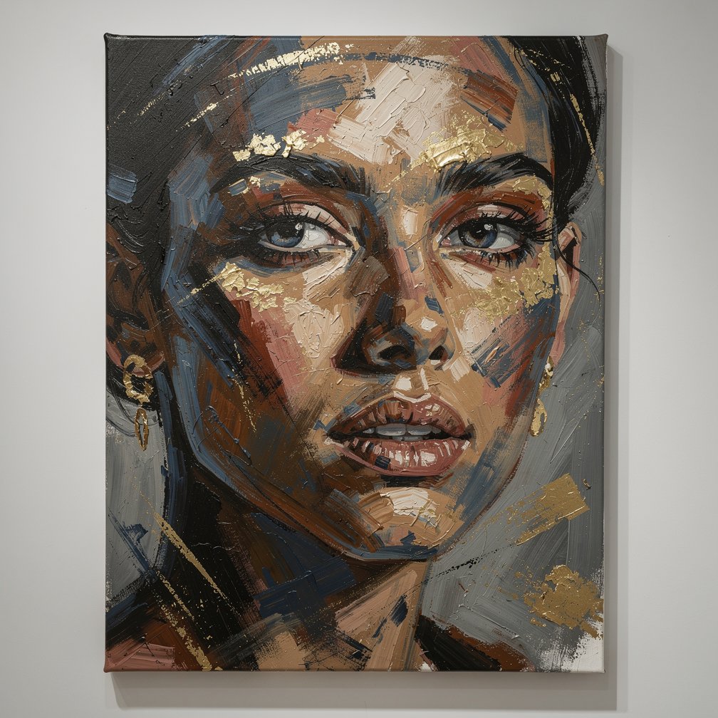 Abstract portrait with expressive brushstrokes and gold accents, contemporary art style